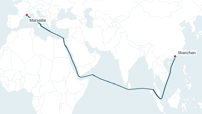 Sea route map from Shenzhen to Marseille &mdash; 8068 nautical miles