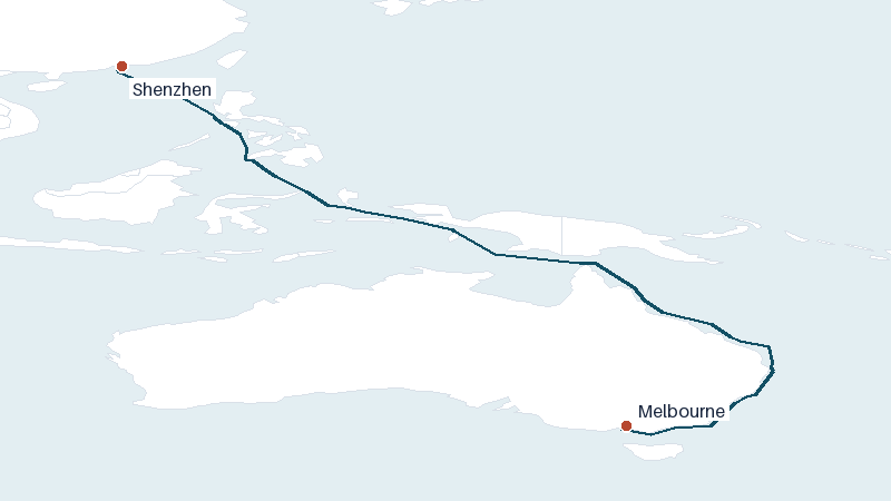 Sea route map from Shenzhen to Melbourne &mdash; 5065 nautical miles