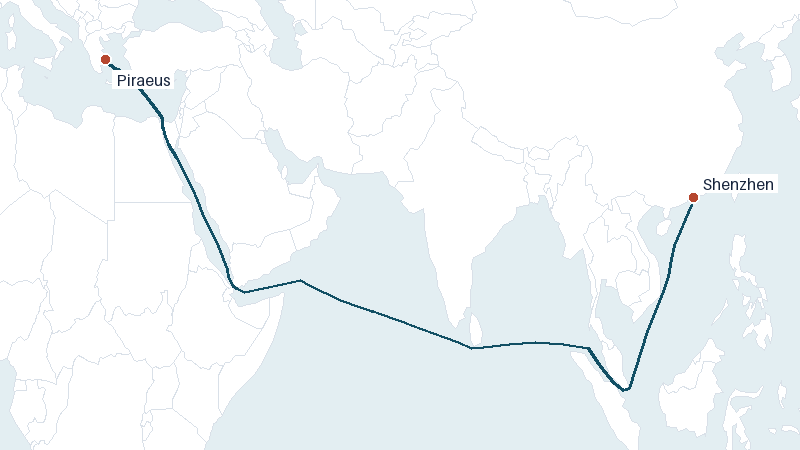 Sea route map from Shenzhen to Piraeus &mdash; 7123 nautical miles