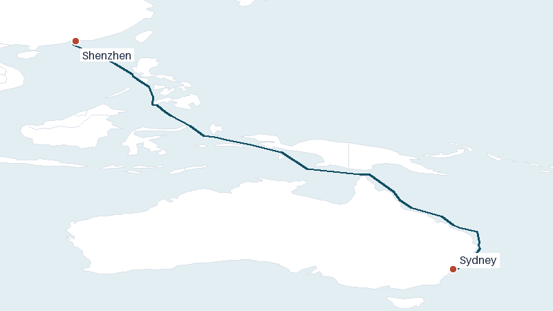 Sea route map from Shenzhen to Sydney &mdash; 4508 nautical miles