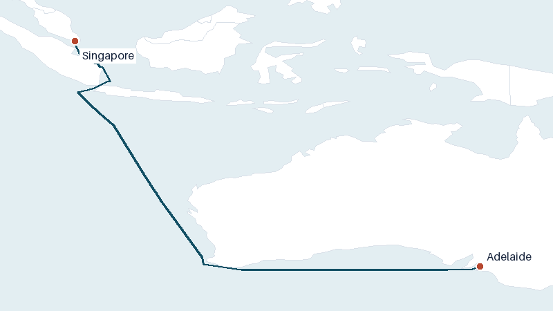 Sea route map from Singapore to Adelaide &mdash; 3613 nautical miles