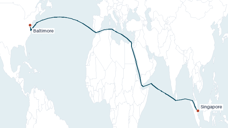 Sea route map from Singapore to Baltimore &mdash; 10488 nautical miles