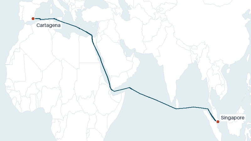 Sea route map from Singapore to Cartagena &mdash; 6779 nautical miles