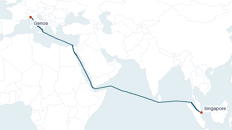 Sea route map from Singapore to Genoa &mdash; 6512 nautical miles