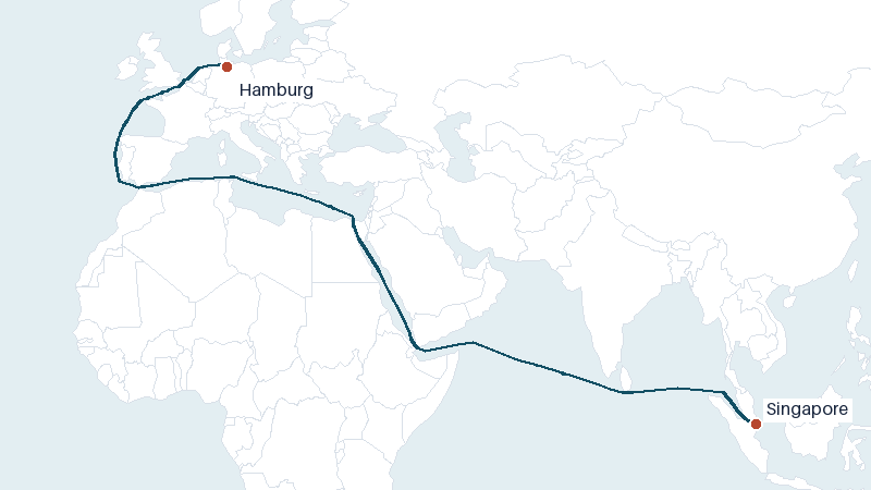 Sea route map from Singapore to Hamburg &mdash; 8634 nautical miles