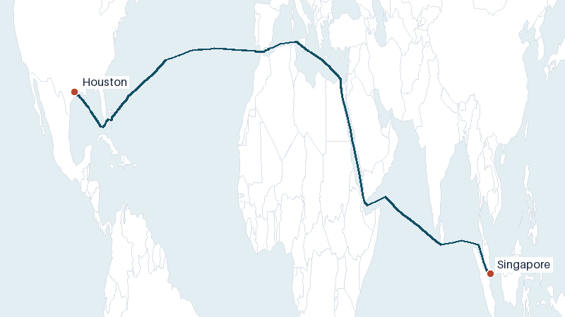 Sea route map from Singapore to Houston &mdash; 11766 nautical miles