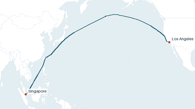 Sea route map from Singapore to Los Angeles &mdash; 7758 nautical miles