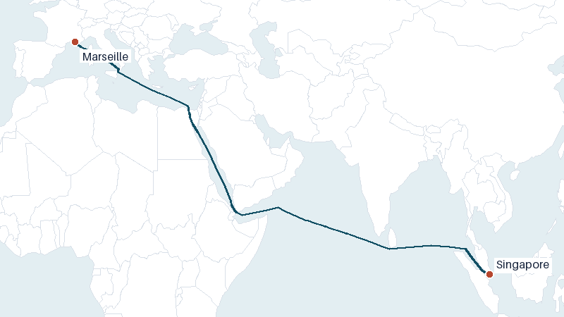 Sea route map from Singapore to Marseille &mdash; 6614 nautical miles