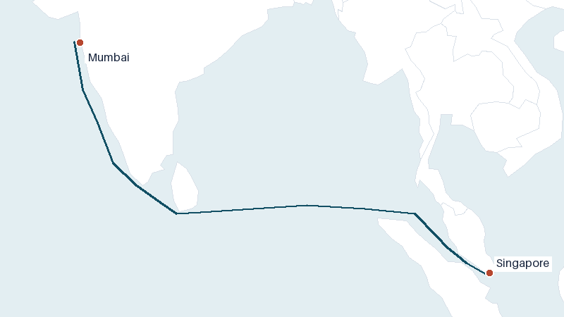 Sea route map from Singapore to Mumbai &mdash; 2511 nautical miles