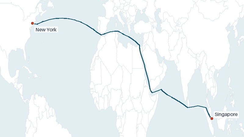 Sea route map from Singapore to New York &mdash; 10186 nautical miles