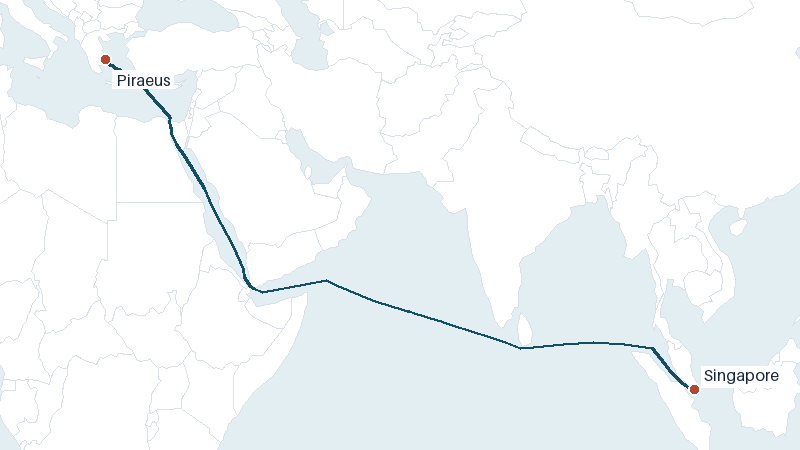 Sea route map from Singapore to Piraeus &mdash; 5669 nautical miles