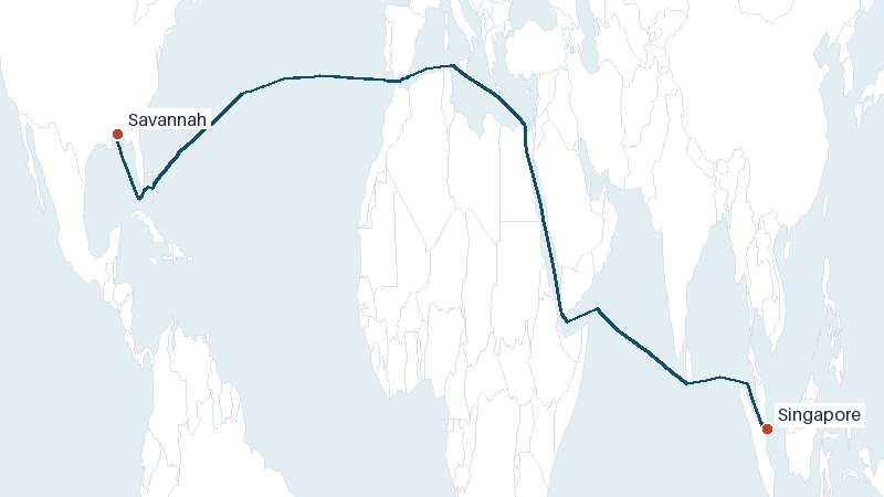 Sea route map from Singapore to Savannah &mdash; 11487 nautical miles