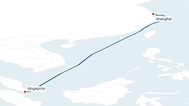 Sea route map from Singapore to Shanghai &mdash; 2214 nautical miles