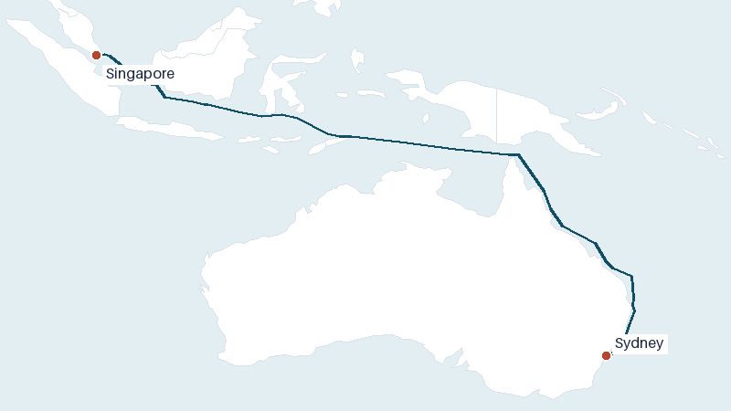 Sea route map from Singapore to Sydney &mdash; 4222 nautical miles