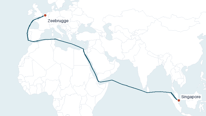 Sea route map from Singapore to Zeebrugge &mdash; 8323 nautical miles