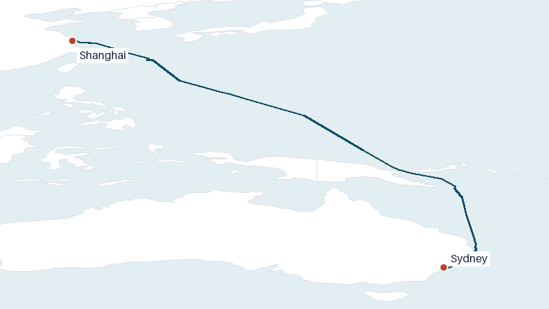 Sea route map from Sydney to Shanghai &mdash; 4644 nautical miles