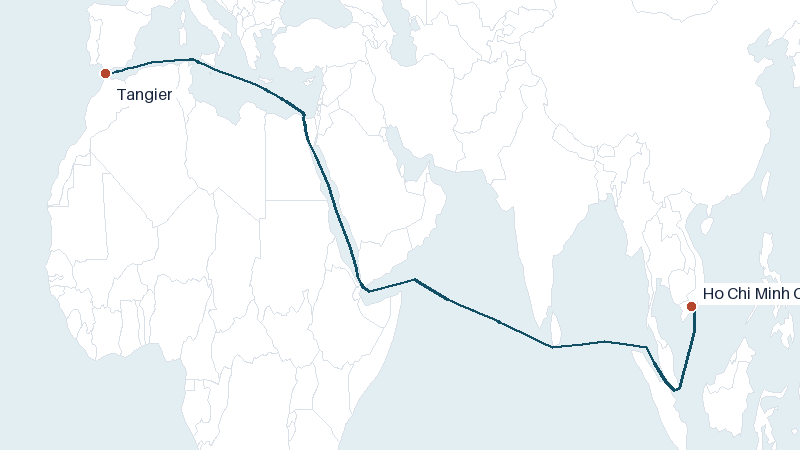 Sea route map from Tangier to Ho Chi Minh City &mdash; 7636 nautical miles