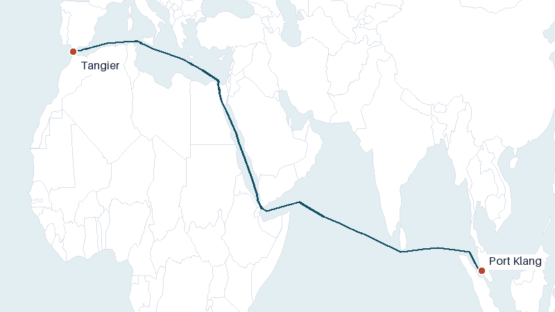 Sea route map from Tangier to Port Klang &mdash; 6823 nautical miles