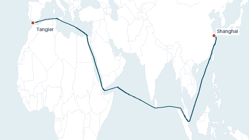 Sea route map from Tangier to Shanghai &mdash; 9215 nautical miles