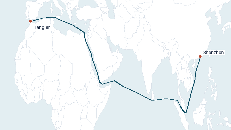 Sea route map from Tangier to Shenzhen &mdash; 8461 nautical miles