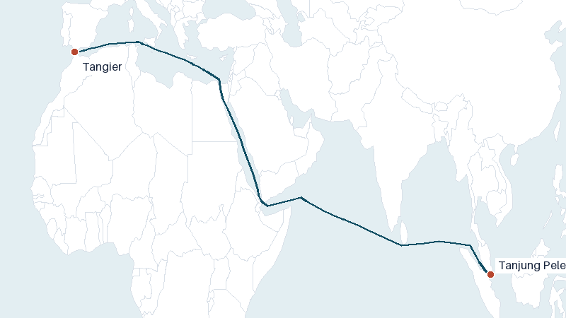 Sea route map from Tangier to Tanjung Pelepas &mdash; 7005 nautical miles