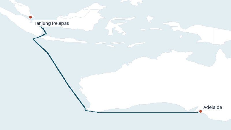 Sea route map from Tanjung Pelepas to Adelaide &mdash; 3610 nautical miles