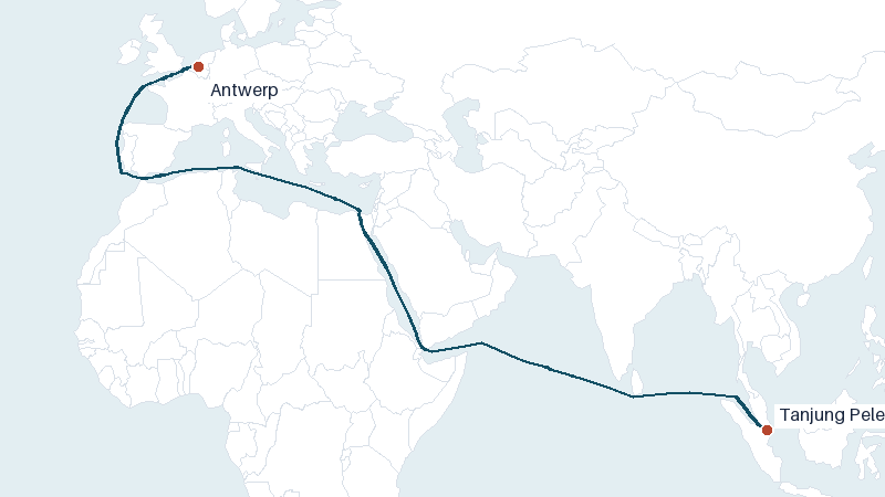 Sea route map from Tanjung Pelepas to Antwerp &mdash; 8360 nautical miles