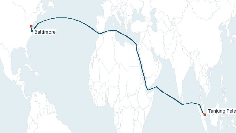 Sea route map from Tanjung Pelepas to Baltimore &mdash; 10486 nautical miles