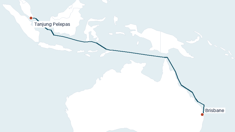 Sea route map from Tanjung Pelepas to Brisbane &mdash; 3813 nautical miles