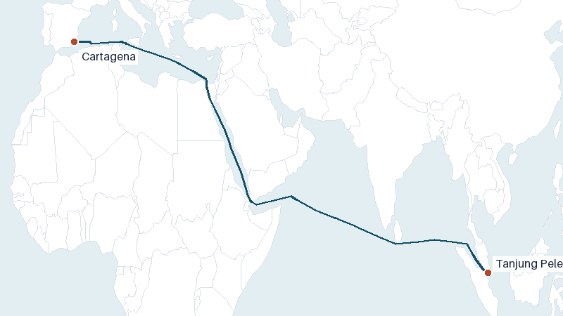 Sea route map from Tanjung Pelepas to Cartagena &mdash; 6777 nautical miles