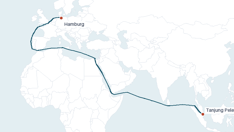 Sea route map from Tanjung Pelepas to Hamburg &mdash; 8632 nautical miles