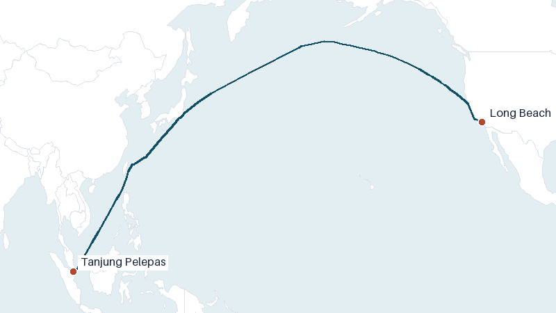 Sea route map from Tanjung Pelepas to Long Beach &mdash; 7811 nautical miles