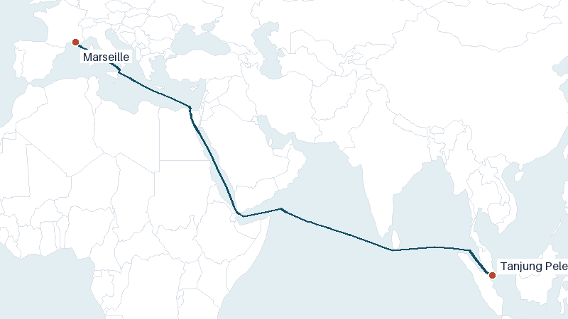 Sea route map from Tanjung Pelepas to Marseille &mdash; 6611 nautical miles