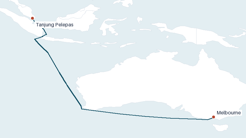 Sea route map from Tanjung Pelepas to Melbourne &mdash; 3934 nautical miles