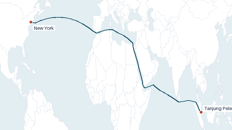 Sea route map from Tanjung Pelepas to New York &mdash; 10184 nautical miles