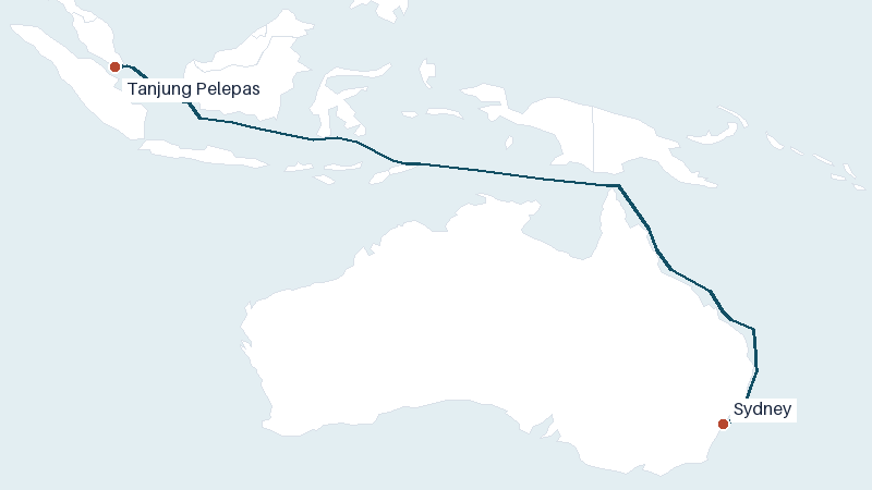 Sea route map from Tanjung Pelepas to Sydney &mdash; 4242 nautical miles