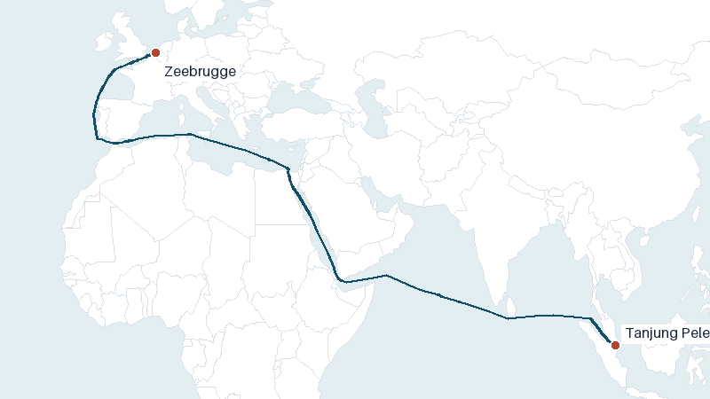 Sea route map from Tanjung Pelepas to Zeebrugge &mdash; 8321 nautical miles
