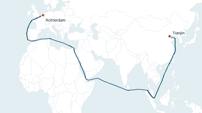 Sea route map from Tianjin to Rotterdam &mdash; 11146 nautical miles