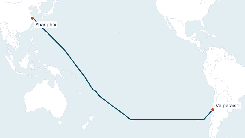 Sea route map from Valparaiso to Shanghai &mdash; 10378 nautical miles