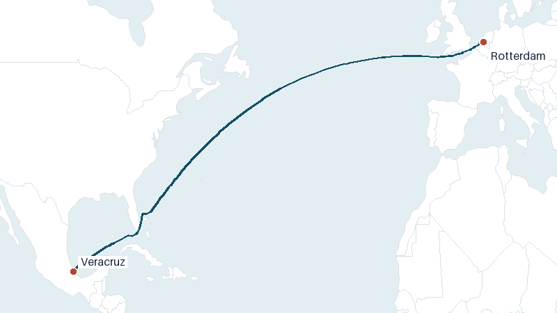 Sea route map from Veracruz to Rotterdam &mdash; 5126 nautical miles