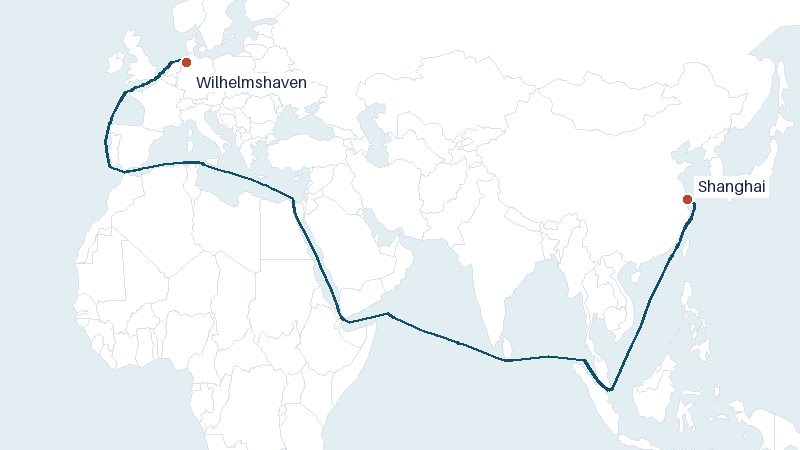 Sea route map from Wilhelmshaven to Shanghai &mdash; 10797 nautical miles