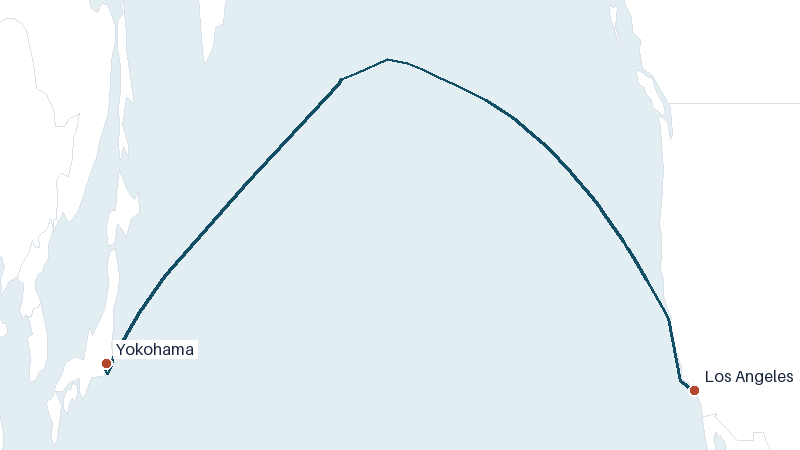 Sea route map from Yokohama to Los Angeles &mdash; 4886 nautical miles