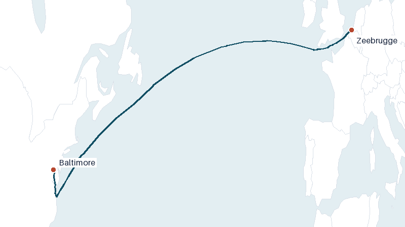 Sea route map from Zeebrugge to Baltimore &mdash; 3577 nautical miles