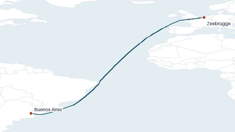 Sea route map from Zeebrugge to Buenos Aires &mdash; 6330 nautical miles