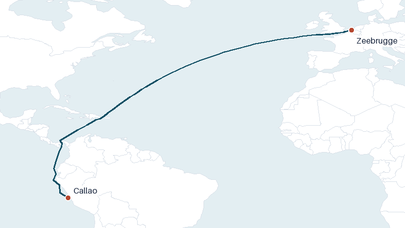 Sea route map from Zeebrugge to Callao &mdash; 6183 nautical miles