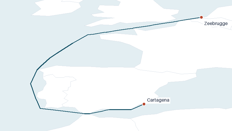 Sea route map from Zeebrugge to Cartagena &mdash; 1575 nautical miles