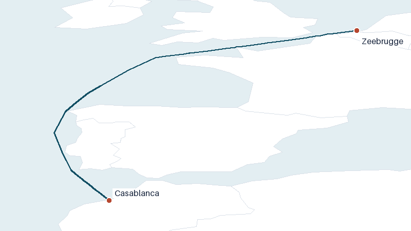 Sea route map from Zeebrugge to Casablanca &mdash; 1346 nautical miles