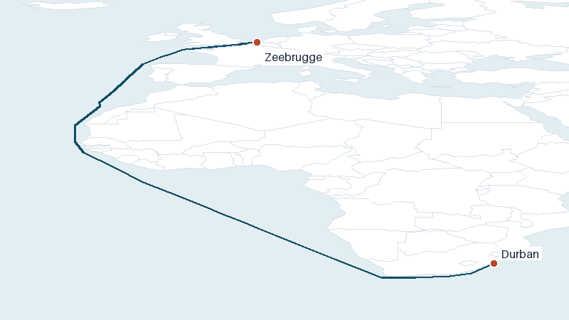 Sea route map from Zeebrugge to Durban &mdash; 6973 nautical miles
