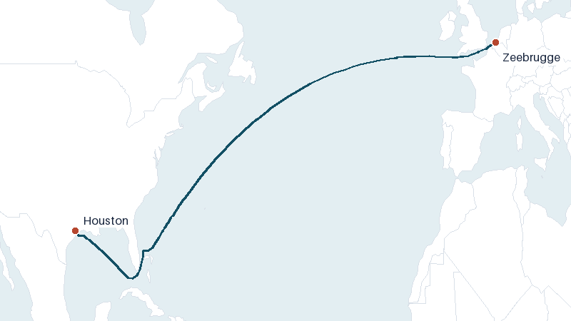 Sea route map from Zeebrugge to Houston &mdash; 5005 nautical miles