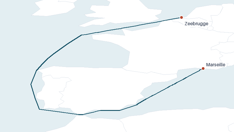 Sea route map from Zeebrugge to Marseille &mdash; 2036 nautical miles